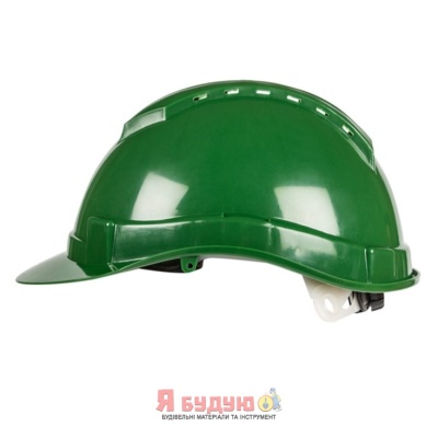 Каска захисна (HDPE) зелена, з вентиляцією, з храповиком, з отворами для навушників SAFE-GUARD 2150